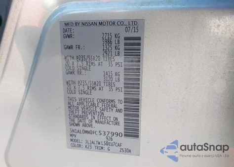 2015 Infiniti Qx60 из США, поврежденный, VIN 5N1AL0MN0FC537990